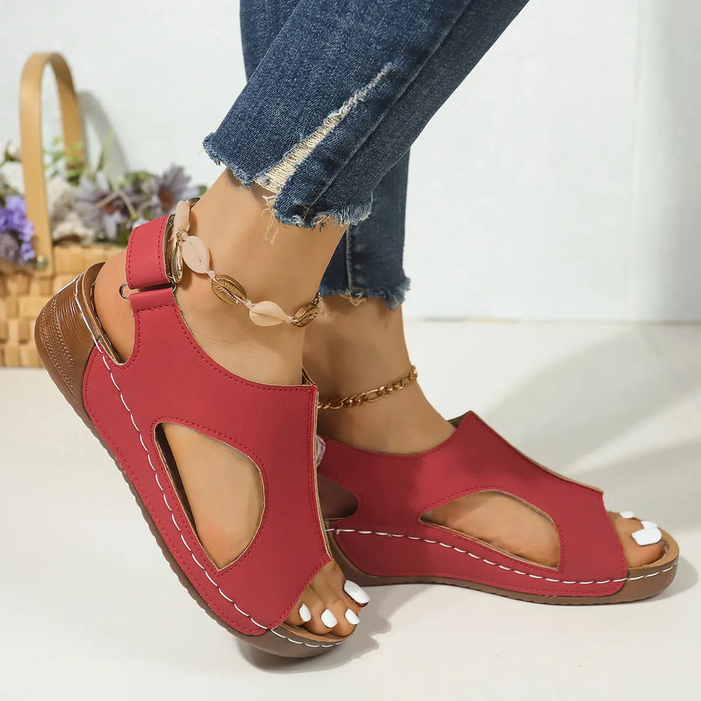 Women's plus size wedge sandals in light brown with Velcro strap, PU upper, and round toe on a neutral background