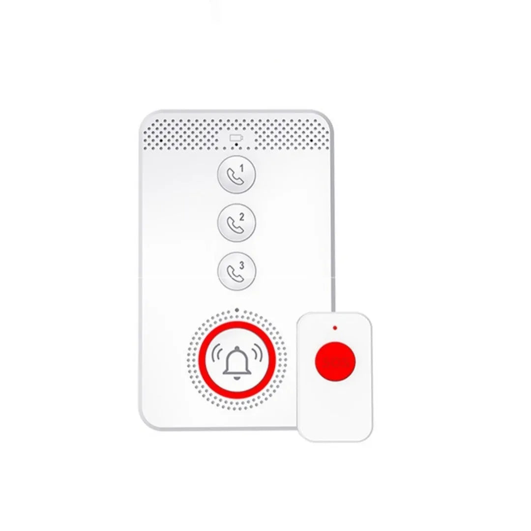 White elderly emergency alert device showing one central buzzer unit and three separate wireless panic buttons.