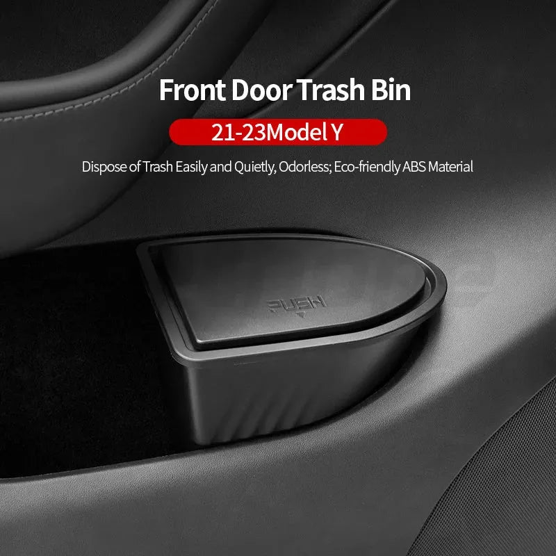 Two black ABS plastic storage boxes designed for Tesla Model Y front door pockets.