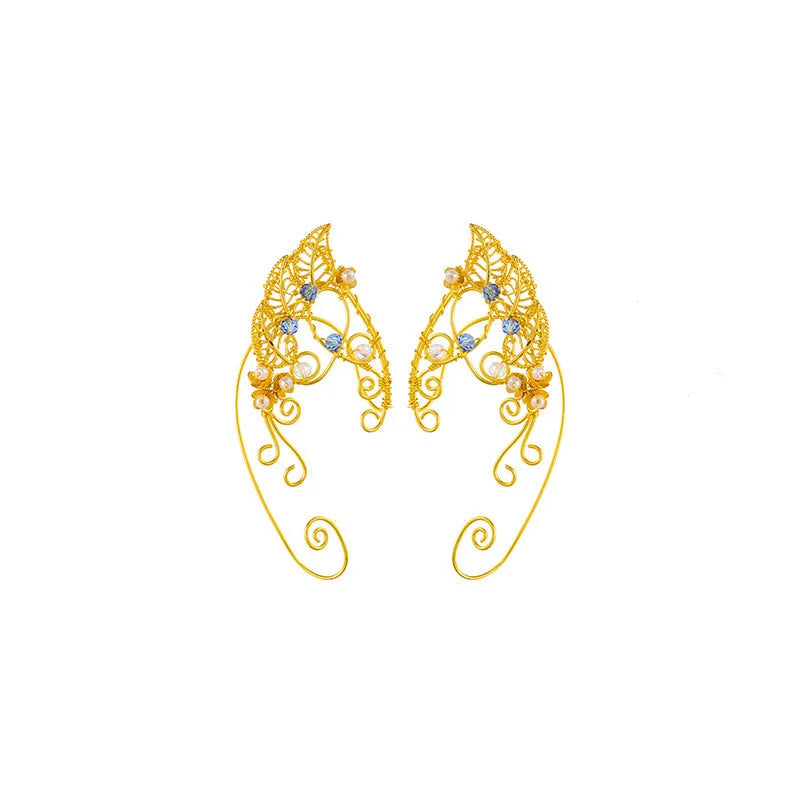 Handmade elf ear clip for women leaf shape gold pair clip-on earrings European American design electroplating finish