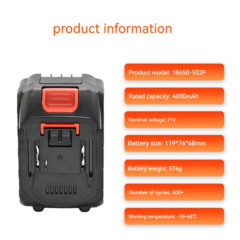 21V 4000mAh lithium battery pack, 18650 5S2P cylindrical, flat head cap, 119 x 74 x 68mm