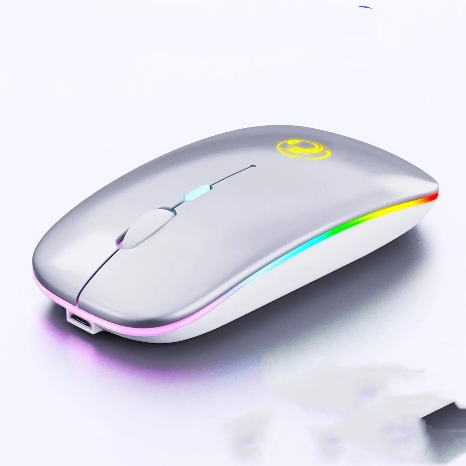 Black or white luminous charging dual-mode silent wireless mouse on a desk next to a laptop, showing its compact 112x57x25mm size.
