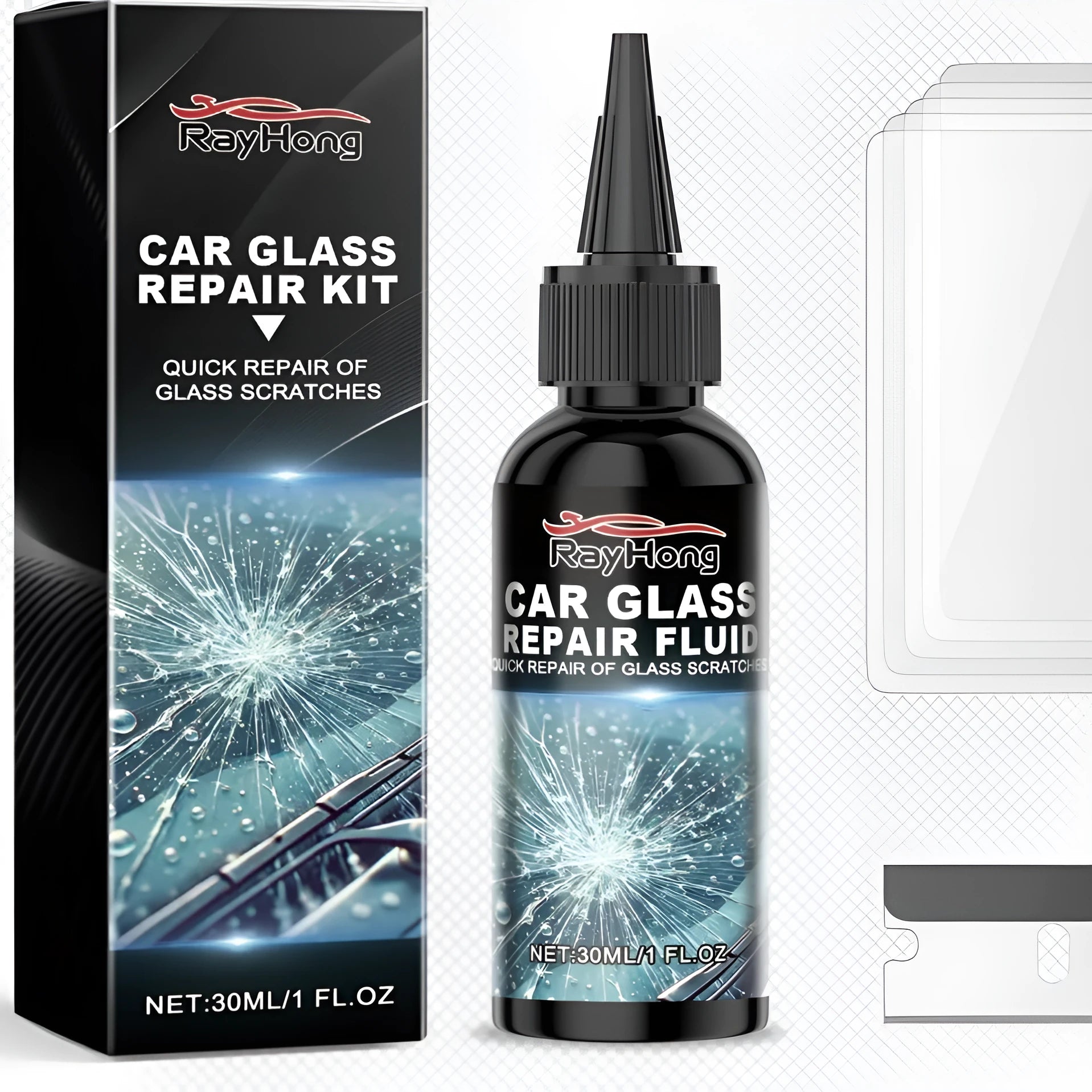 30ml automobile front windshield nano repair liquid set with bottle, blade, and curing films