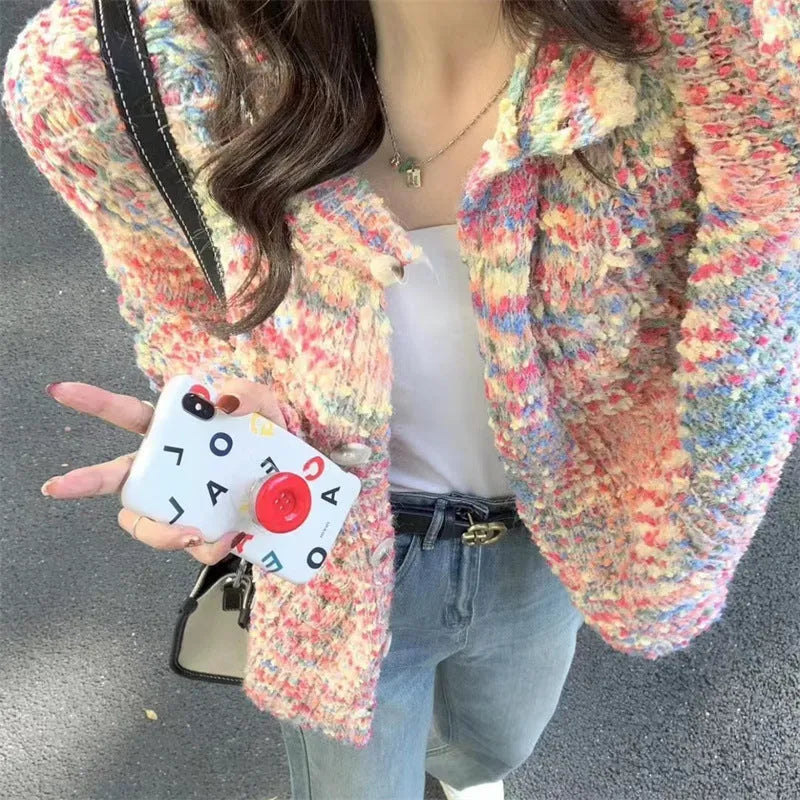 Retro rainbow pattern knitted cardigan sweater in pink or green, slim fit free size.