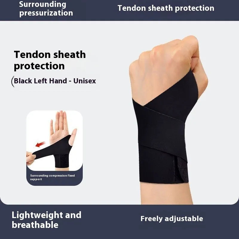 Adjustable black athletic wristguard sheath for sports like badminton and tennis.