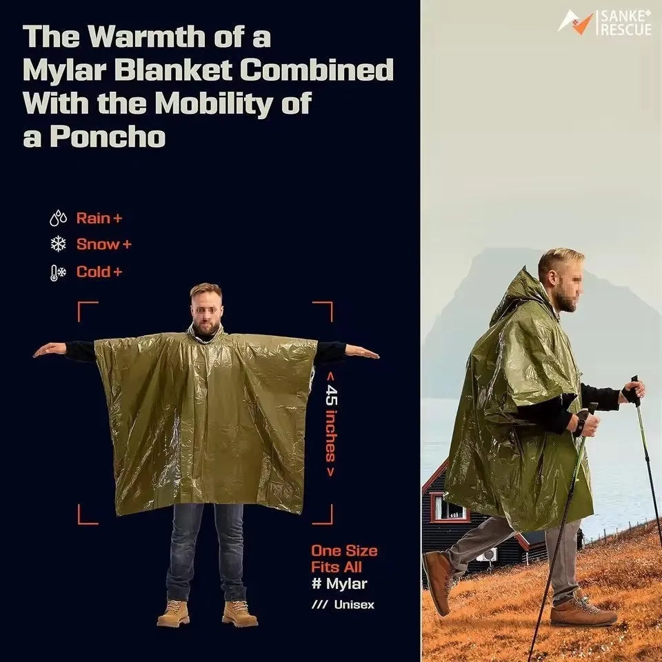 Waterproof military hooded raincoat in orange and army green, 100x120cm, for outdoor survival use