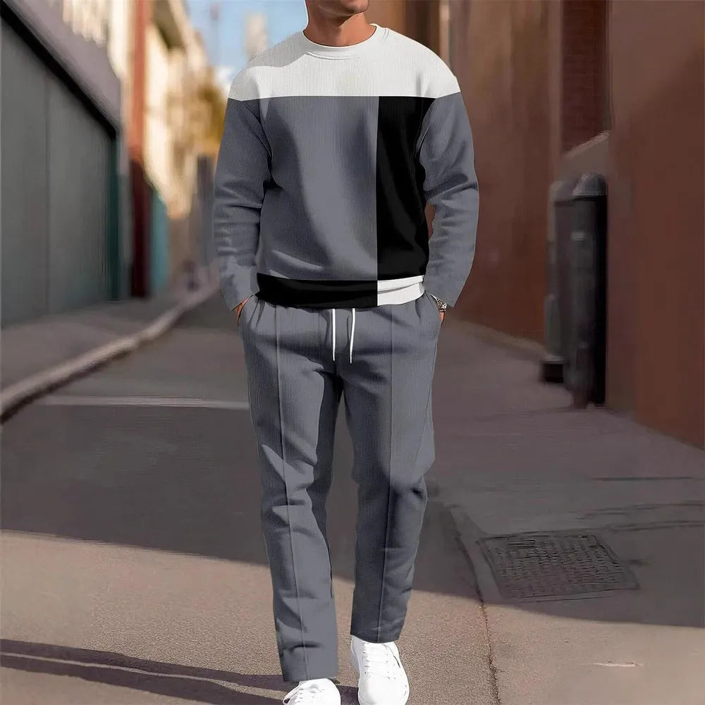 Men's casual sporty two-piece set with long-sleeve round-neck sweatshirt and long pants in blended fibre, sizes S-5XL