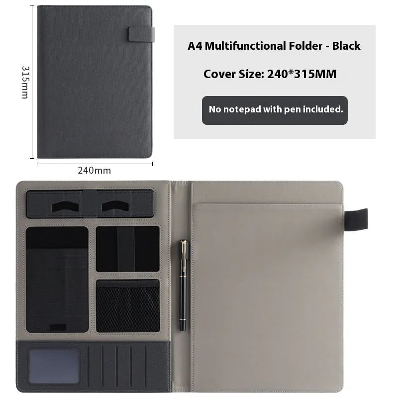 Black leather A4 business folder with 35mm thick sides, shown open on a desk.