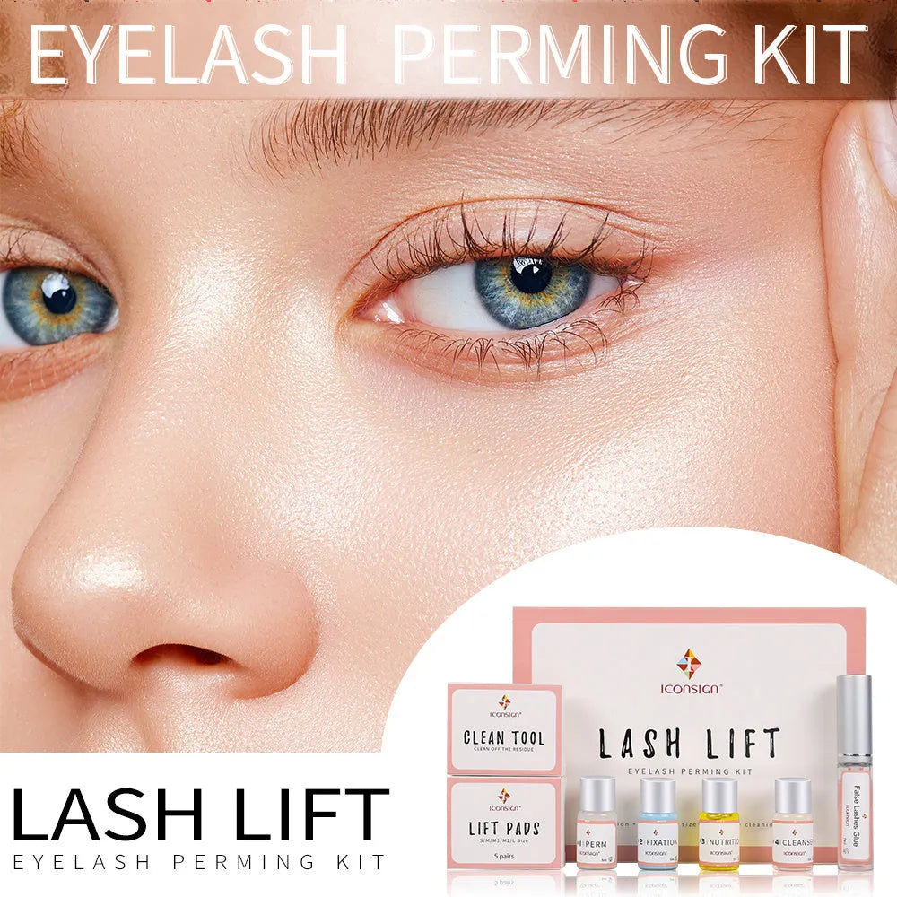 ICONSIGN lash lift kit with lotions, 5ml glue, silicone pads S M M1 M2 L, and Y-shape brushes