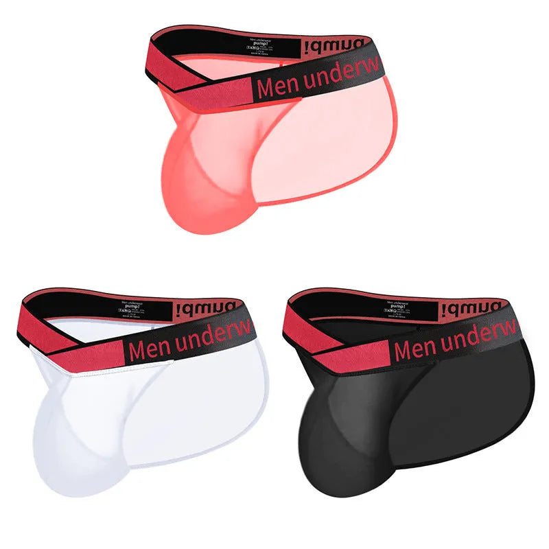 Men's black ice silk nylon underwear with a large V gradient high fork design on a white background