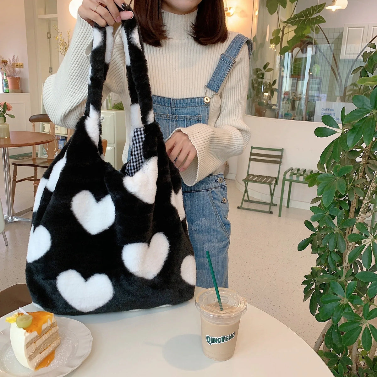 Love heart double side plush shoulder bag in beige with soft handle and double straps