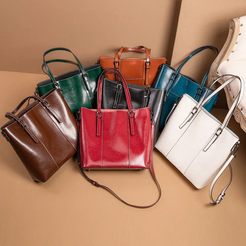 Brown genuine leather women's retro shoulder bag with three straps and horizontal square shape