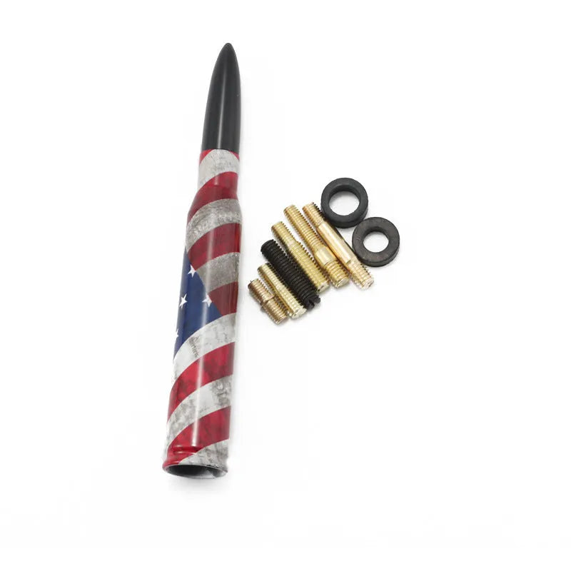 14cm long bullet car antenna in black, camouflage green, and American flag design options