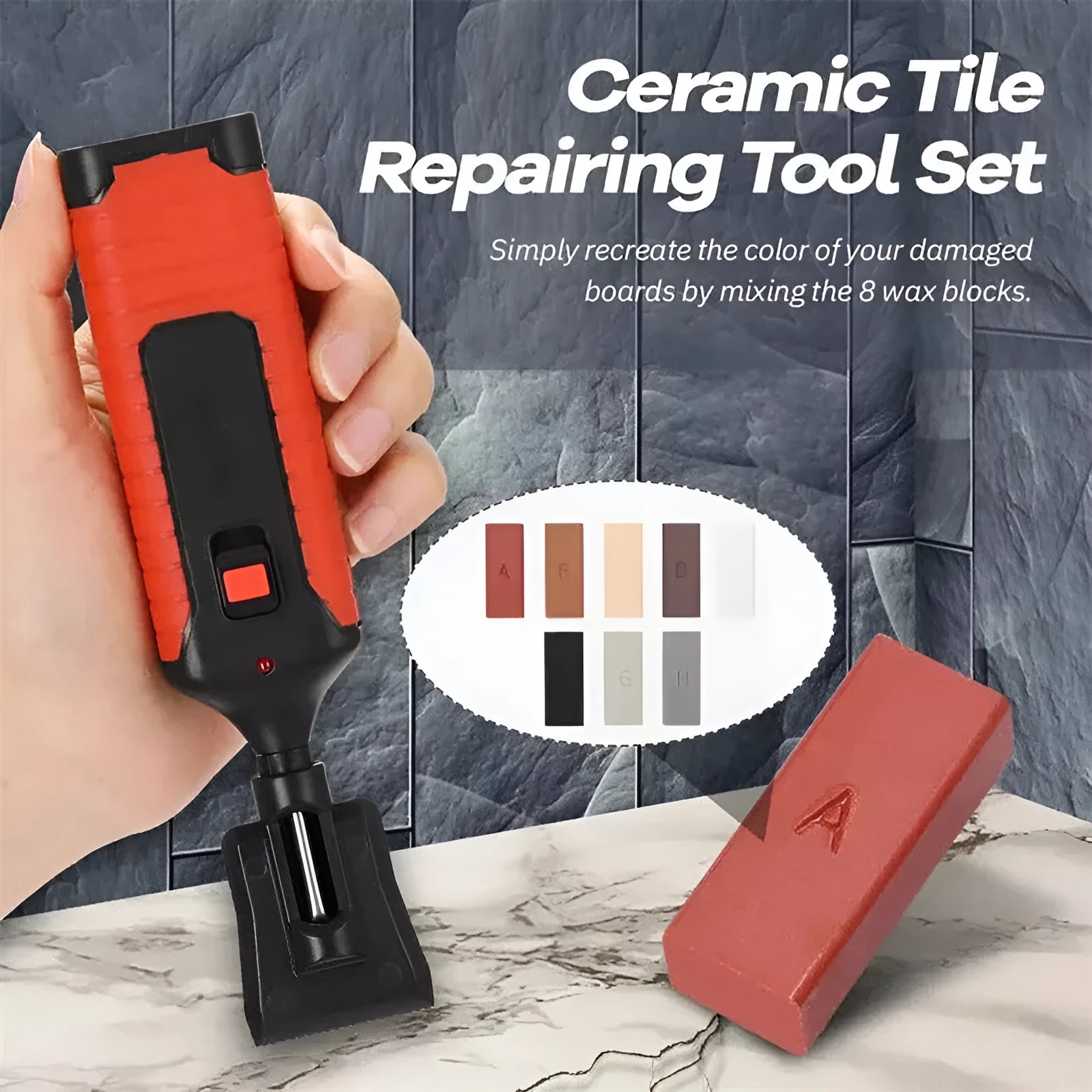 Floor repair tool set with red handle and colour wax sticks for DIY tile scratch repair