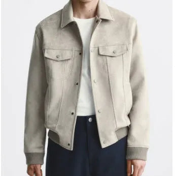 British-style suede velvet commuter jacket coat in light gray and mink colour options