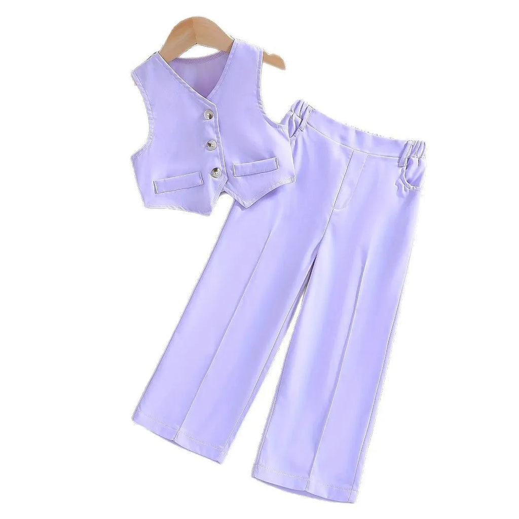 Girls' summer vest and trouser set in solid colour, polyester two-piece outfit