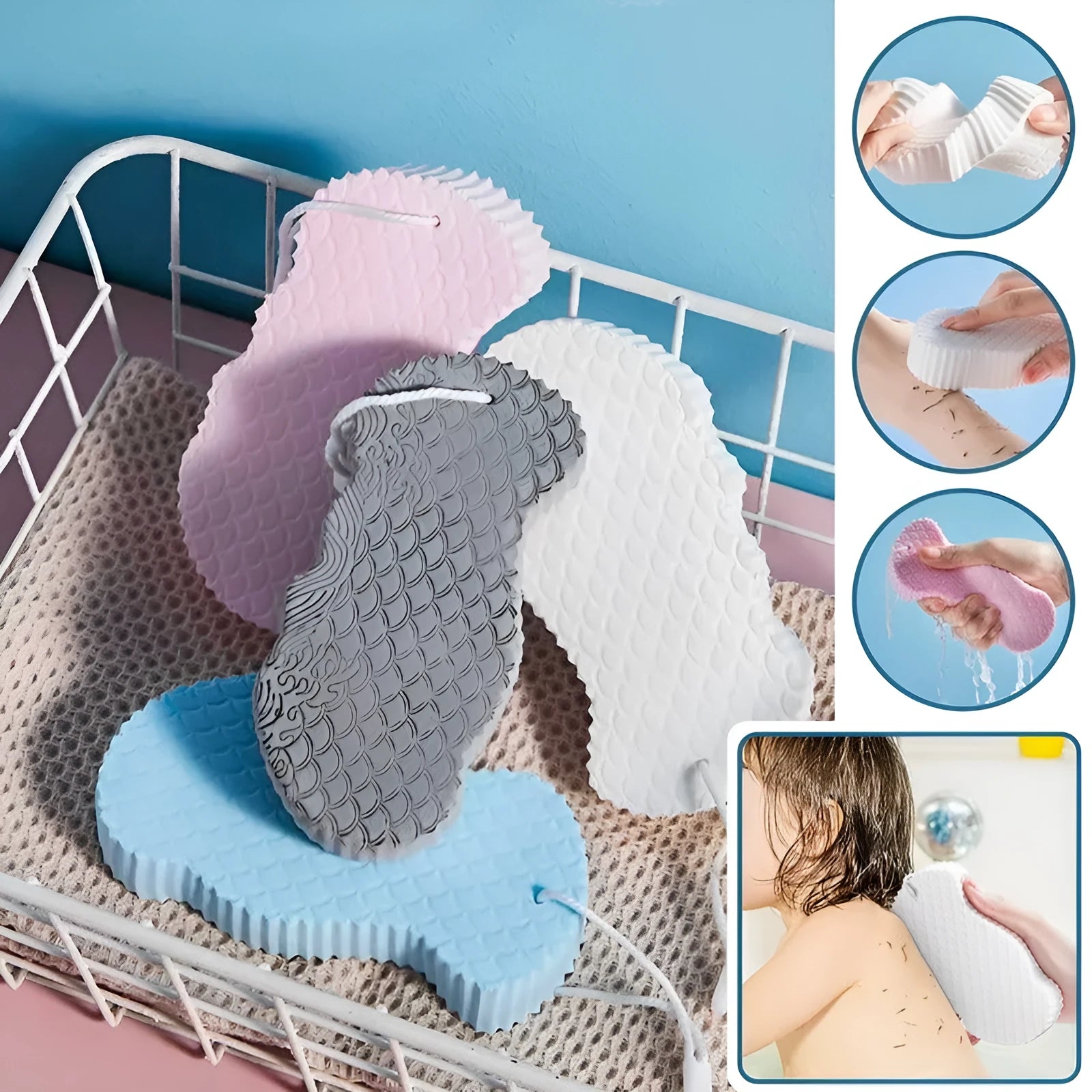 White 3D fish scale pattern bath sponge with hang loop on a bathroom background.