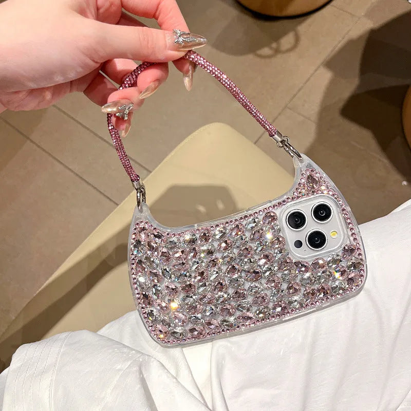 3D glass rhinestone small handbag phone case with chain strap for iPhone, pink or white diamond