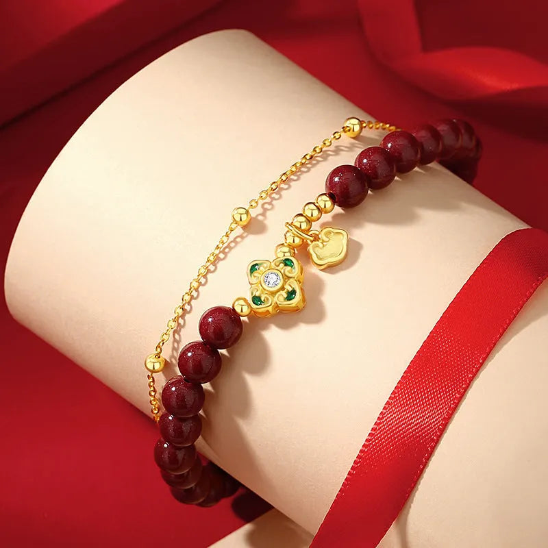 Women's geometric sterling silver bracelet with traditional Chinese Ruyi and Xiangyun symbols