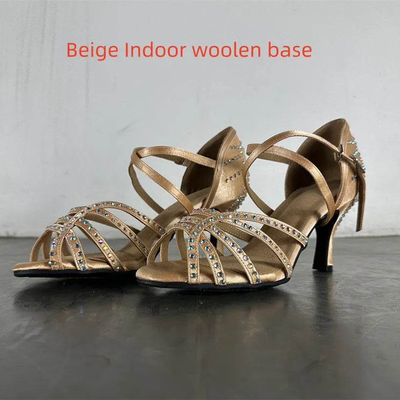 Diamond Latin Dance women's red real silk high heel dancing shoes with visible heel, beige indoor woolen base
