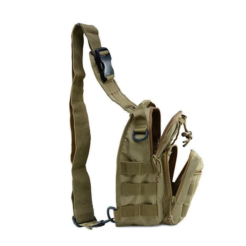 Compact camouflage tactical backpack with MOLLE webbing on front, carried as a shoulder bag.