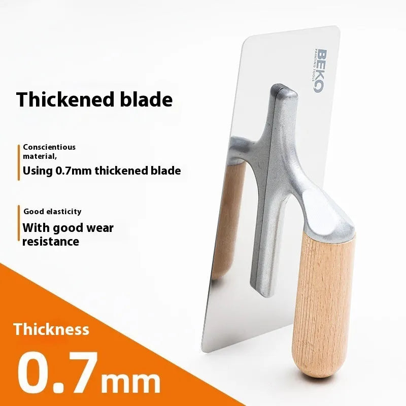 Stainless steel wall putty scraper with a wooden handle shown in three different blade sizes.