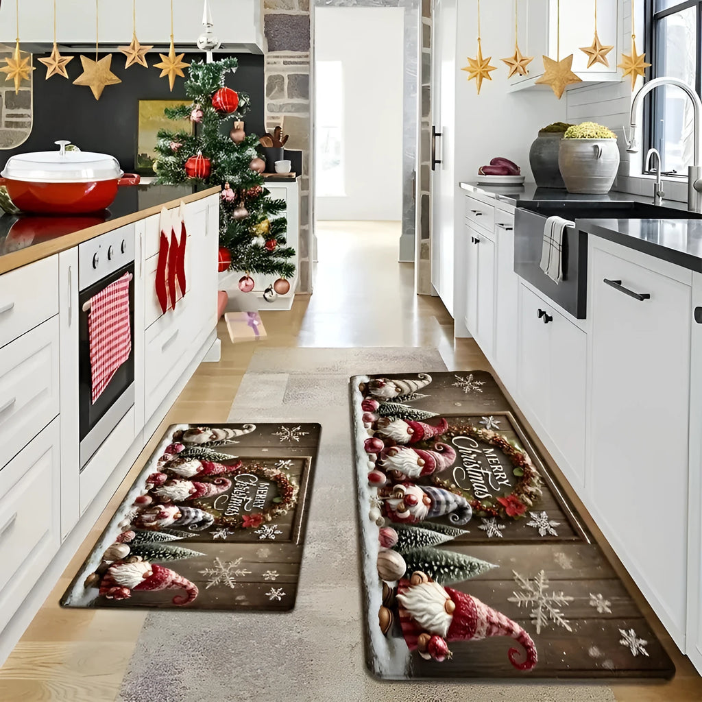 Two-piece Christmas cartoon kitchen mat set with anti-slip polyester suede surface