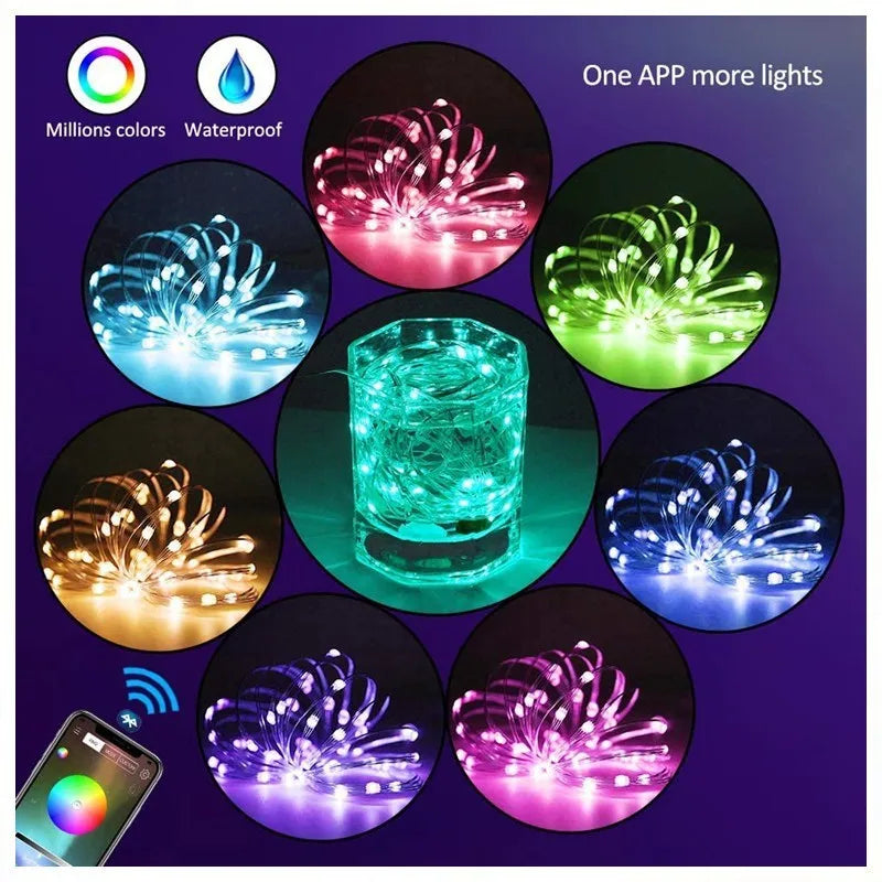 Copper wire curtain light string with smart phone control showing warm white LED lights