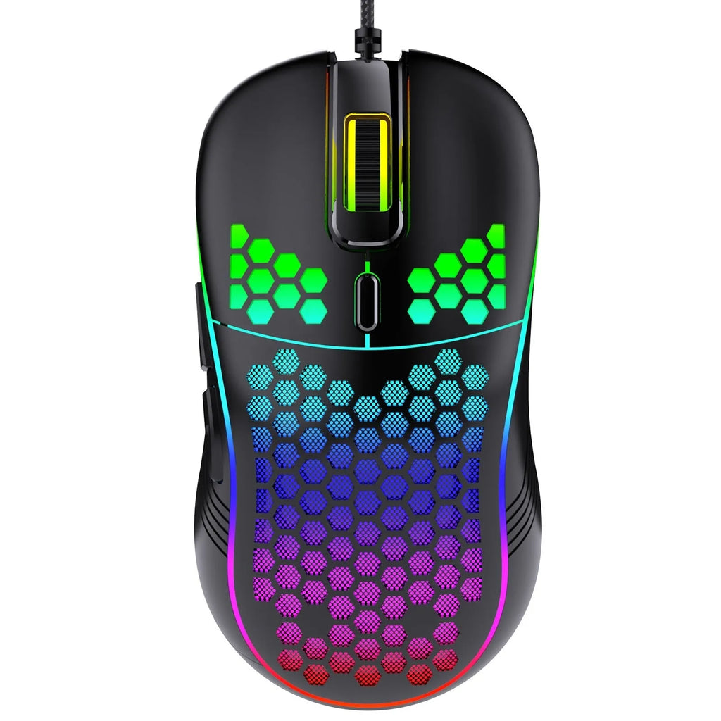 Hole hollow-out luminous wireless gaming mouse in black, with self-charging and 2.4G USB connection