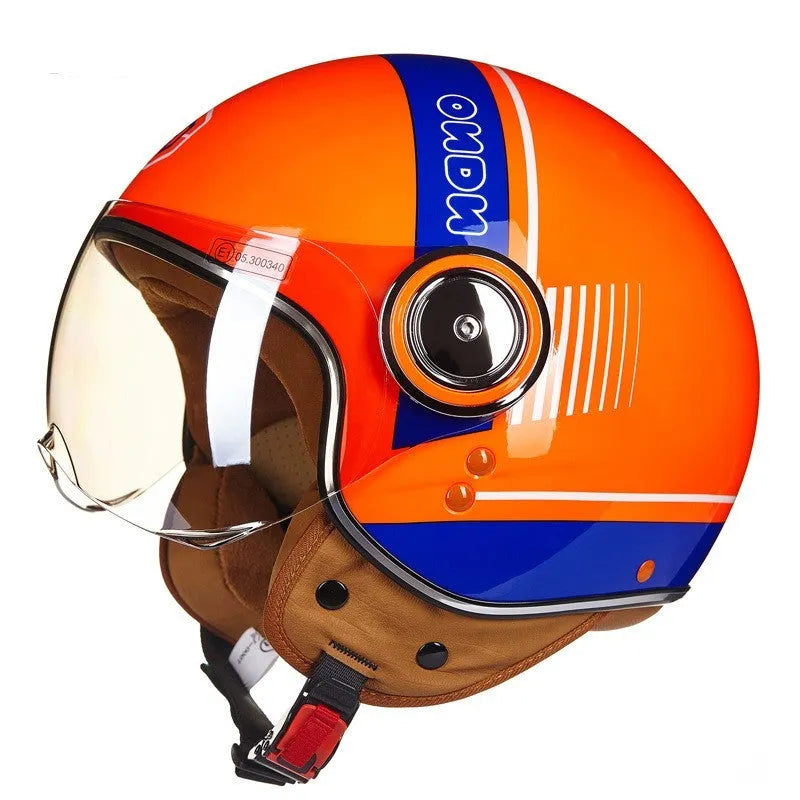 Retro battery car half helmet in ABS plastic showing colour options including bright blue red and matte black orange
