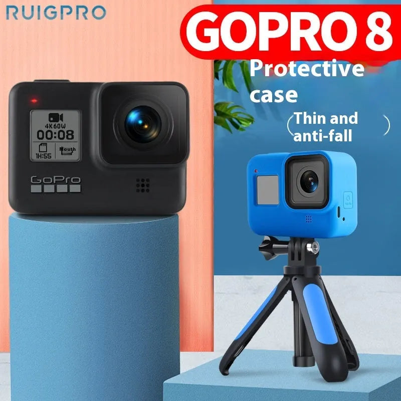 GoPro Hero 8 Black camera with blue silicone protective sleeve and attached wrist strap.