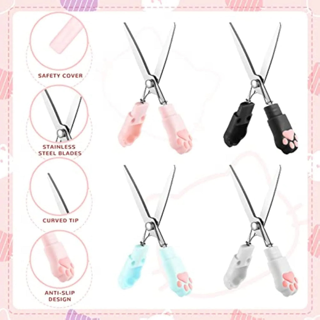 Small folding scissors with cat paw handles in pink, white, black, and blue colour options.