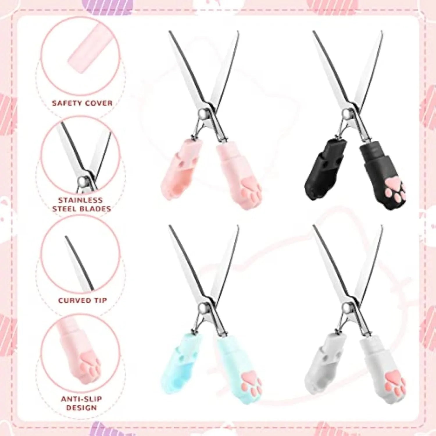 Small folding scissors with cat paw handles in pink, white, black, and blue colour options.