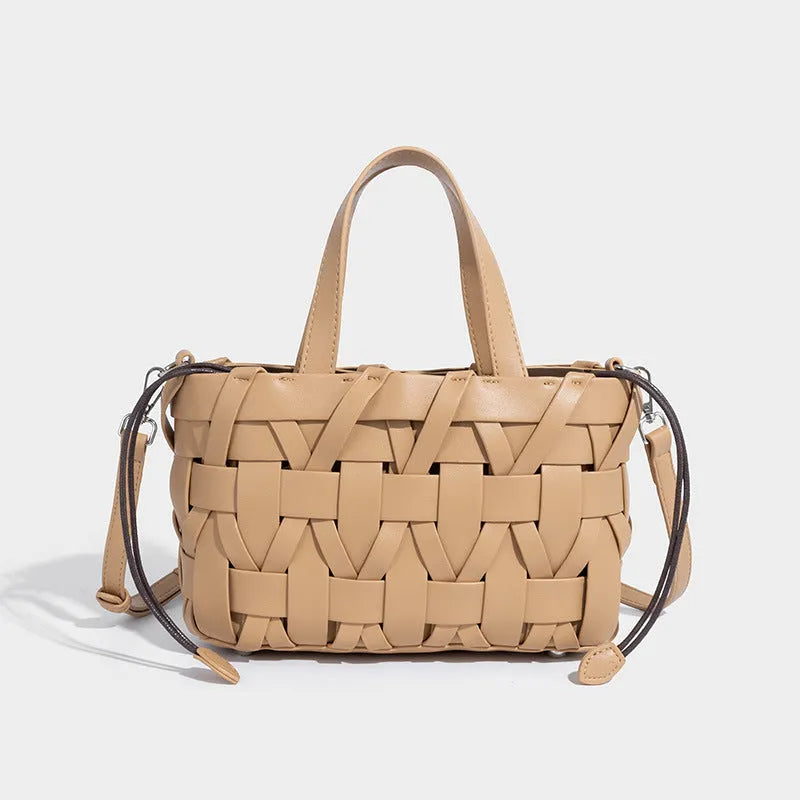 Women's hand-woven PU bucket handbag in summer colours with open outer pocket