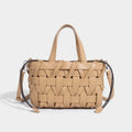 Women's hand-woven PU bucket handbag in summer colours with open outer pocket