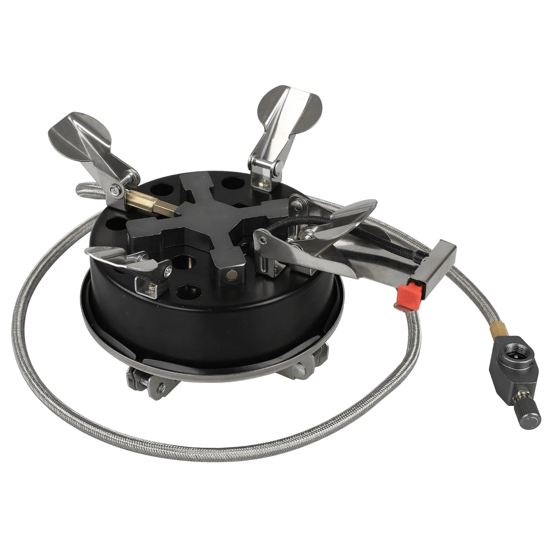 Silver portable split camping stove with extended copper hose on a 155x125mm stainless steel base.