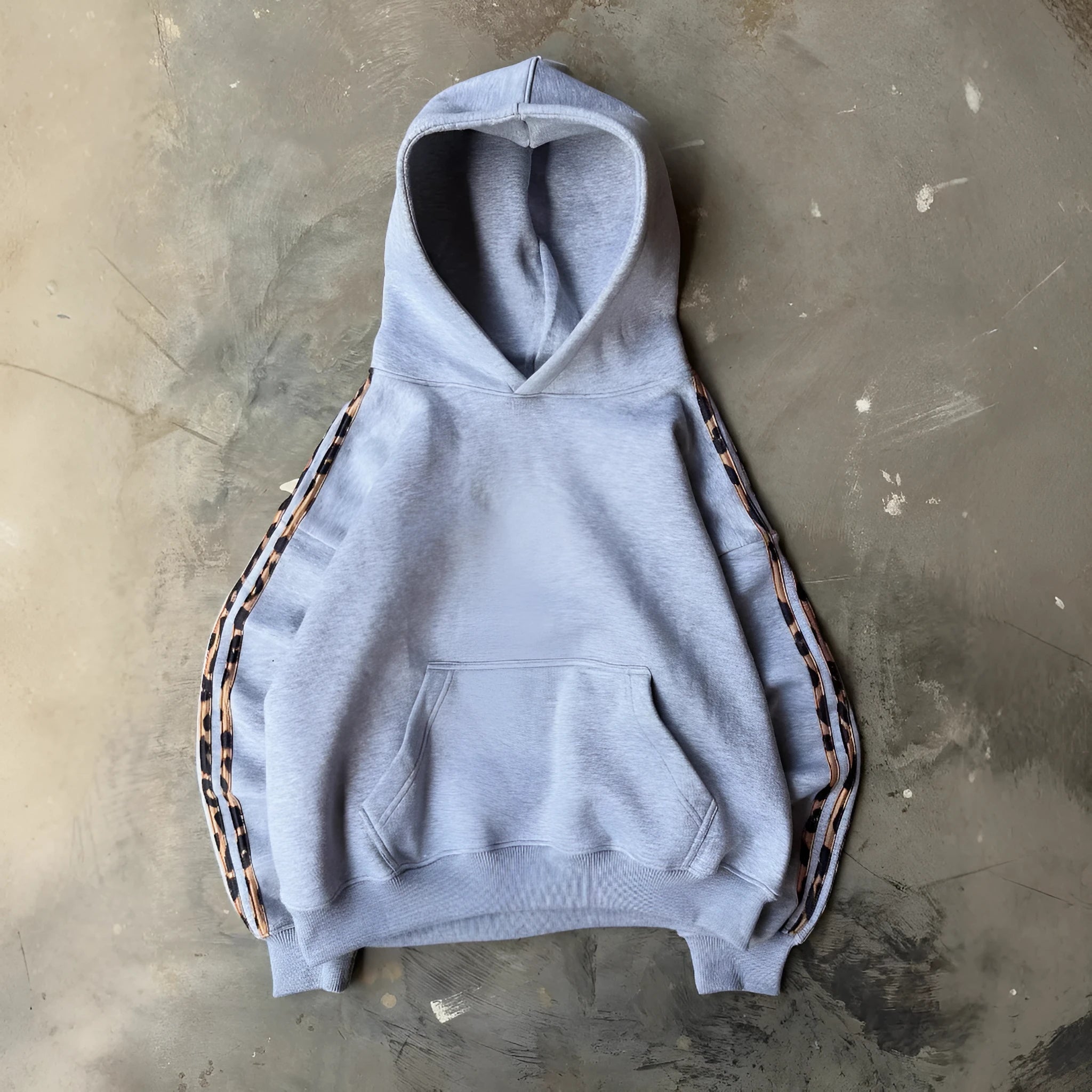 Vintage print long sleeve pullover hoodie for women, loose cartoon street fashion top in grey, polyester fabric, front pocket visible