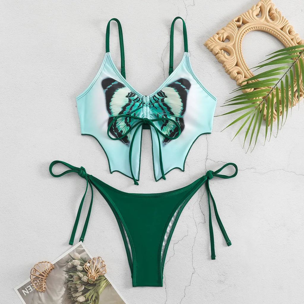 Women's purple bikini set with bow style top and high-cut briefs for swimming and fitness