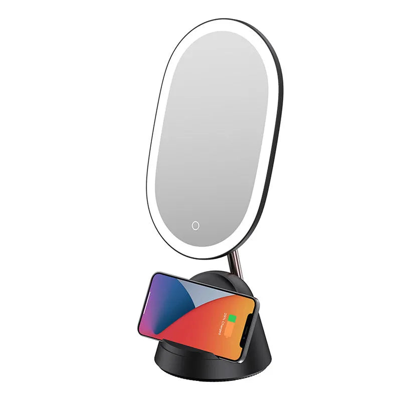 White desktop makeup mirror with integrated lighting standing 43.9cm tall on table surface