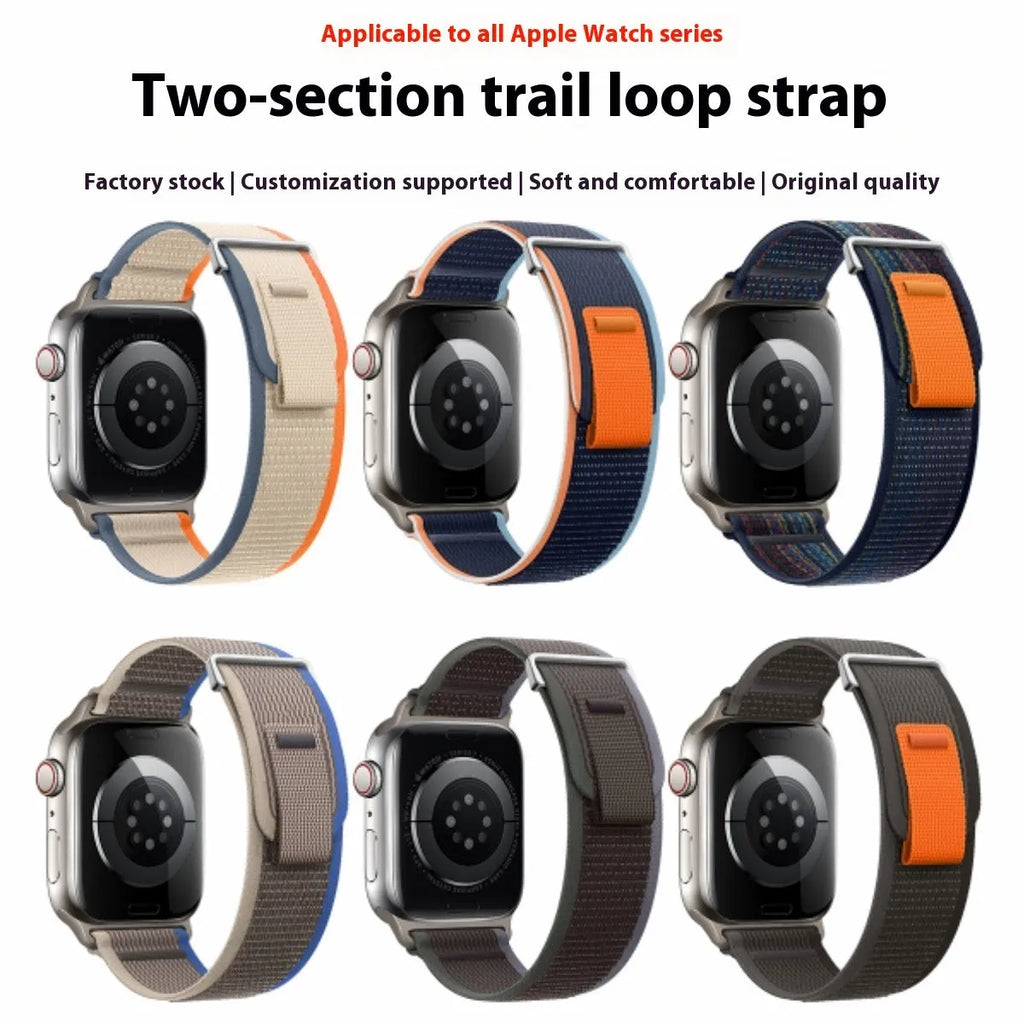 Nylon two-section replacement watch band for Apple Watch, sports style, black and grey colour