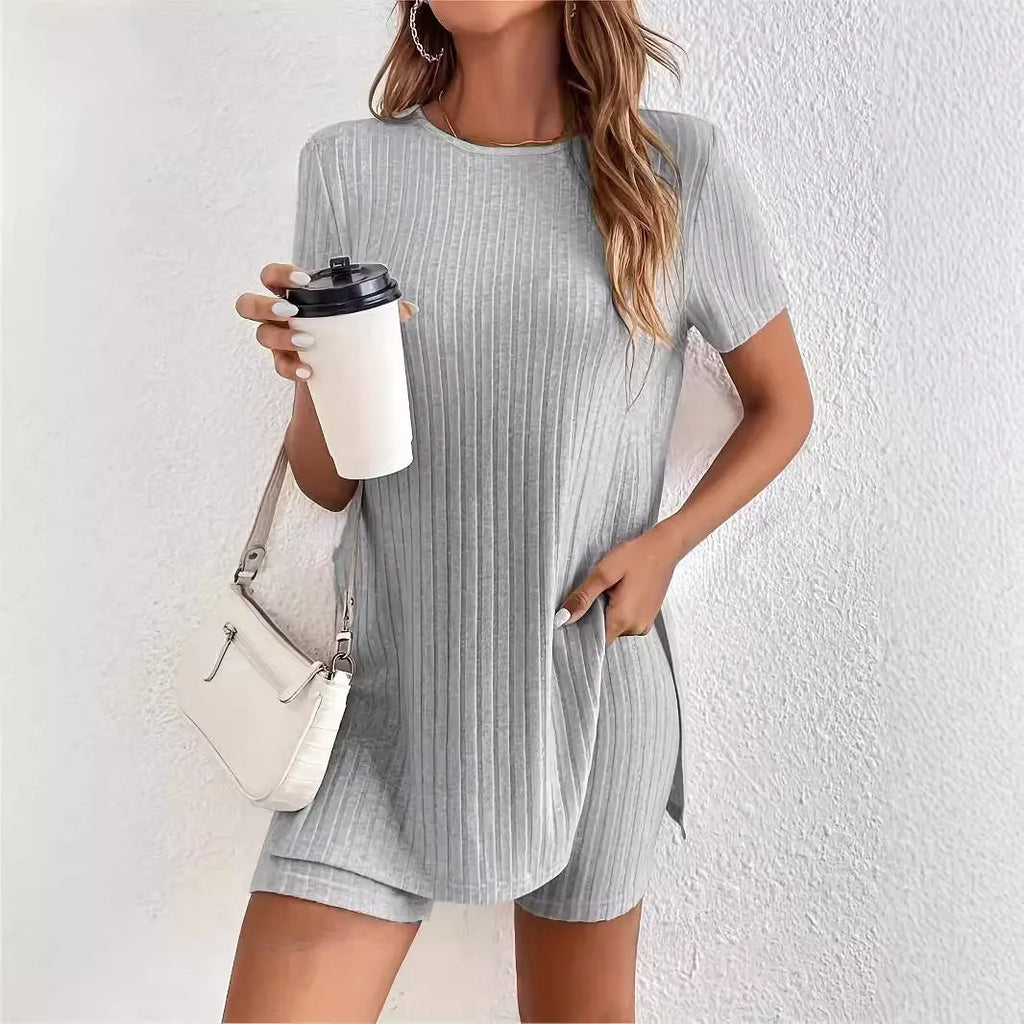 Women's black cotton shorts suit set with ribbed texture showing crew neck top and matching shorts