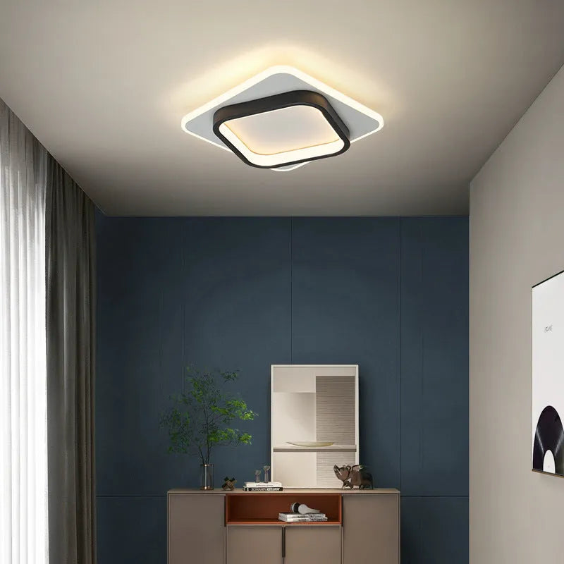Nordic LED ceiling light surface mounted on hallway ceiling, black finish, warm light on