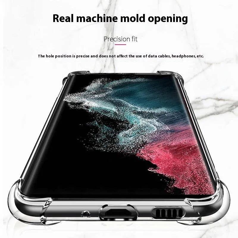 Transparent silicone phone case with four-corner airbag drop protection for Samsung Galaxy models.