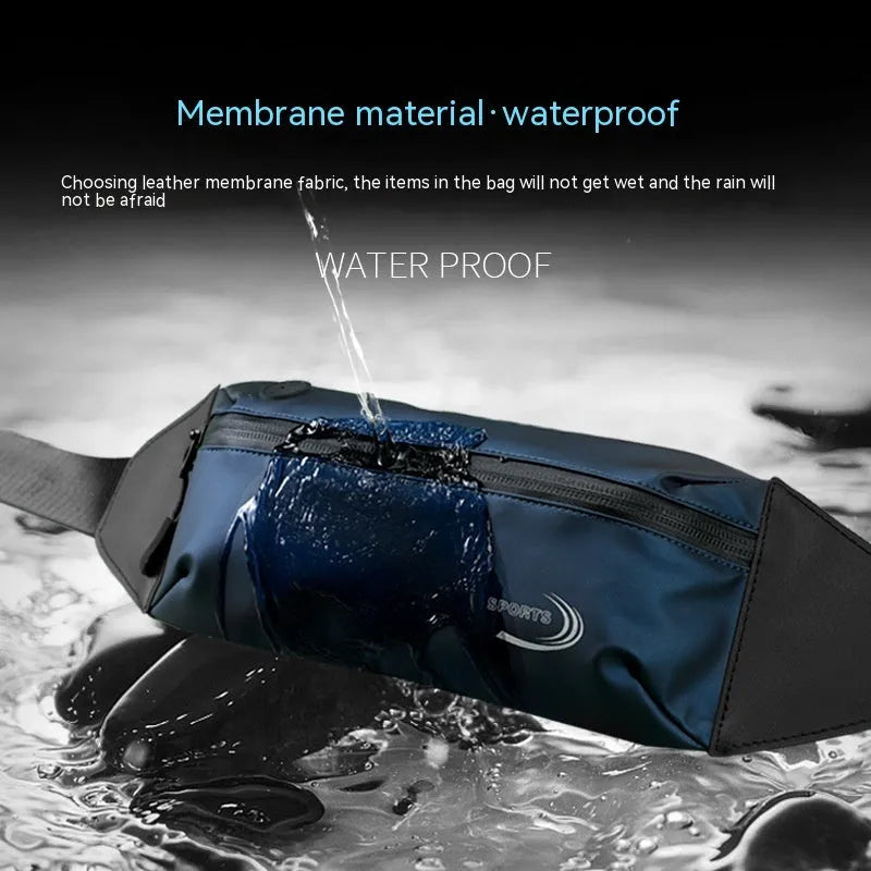 Men's black waterproof Derm Oxford polyester waist bag with belt strap, showing front compartment.