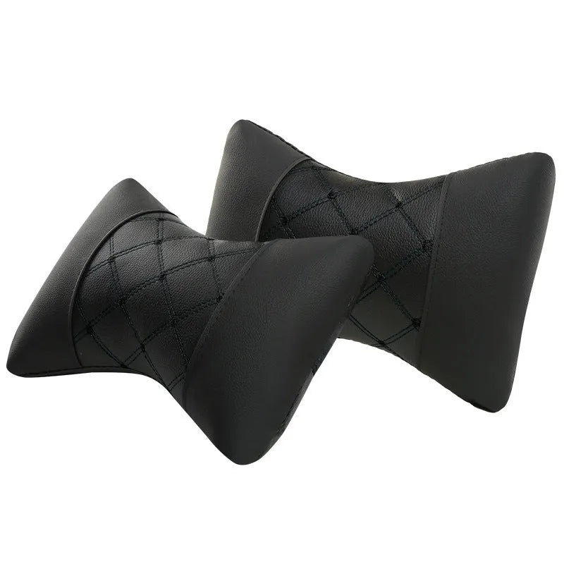 Black quilted artificial leather car headrest pillow with diamond pattern for neck support.