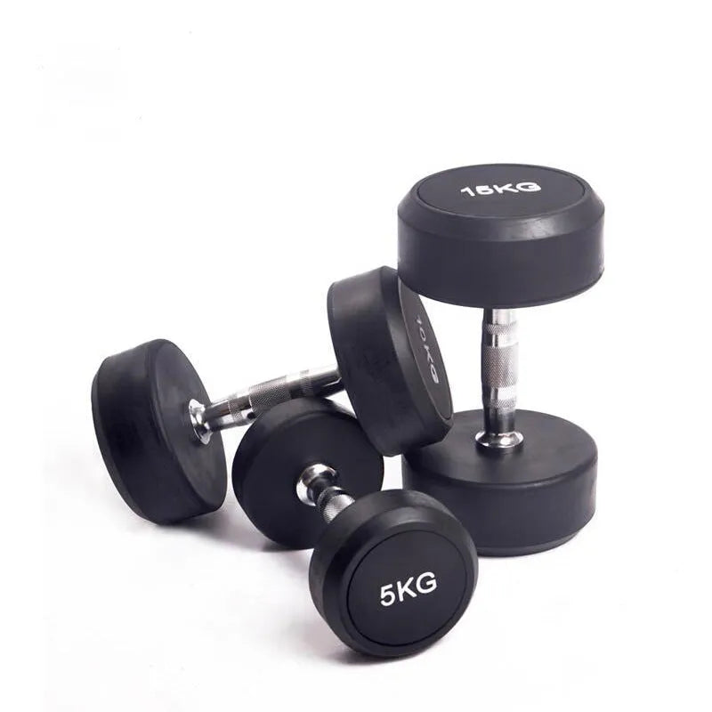 Black cast iron rubberized round head fitness dumbbell, single weight available in 1kg, 2.5kg and 5kg