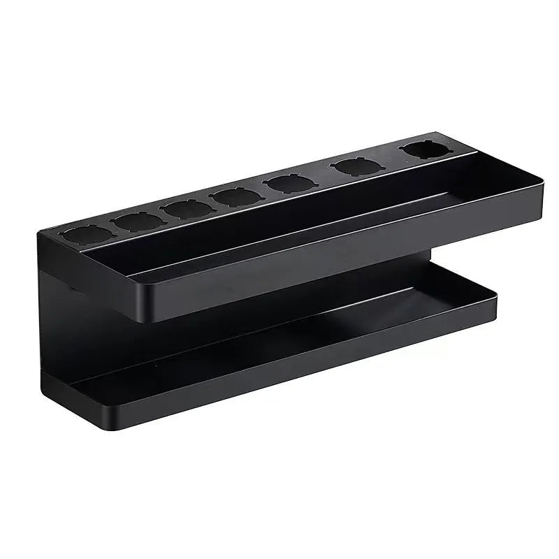 White double-layer aluminium bathroom storage rack mounted on a wall holding hair curlers.