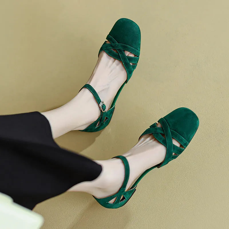 French style retro Roman sandals with buckle fastening in apricot colour showing round toe design