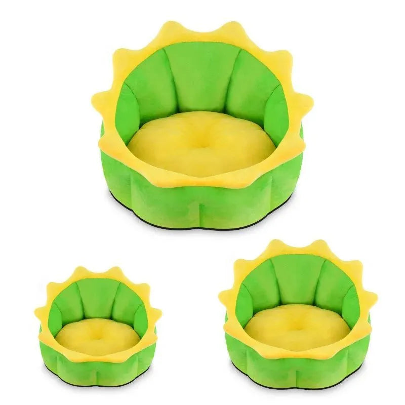 Dinosaur-shaped plush pet bed with teddy gold hair in size S for cats and small dogs