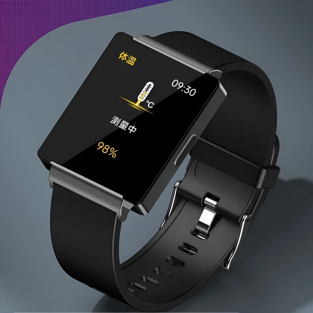 Smart watch with carbon fiber case, black TPU strap, and health monitoring, size 50mm by 36mm